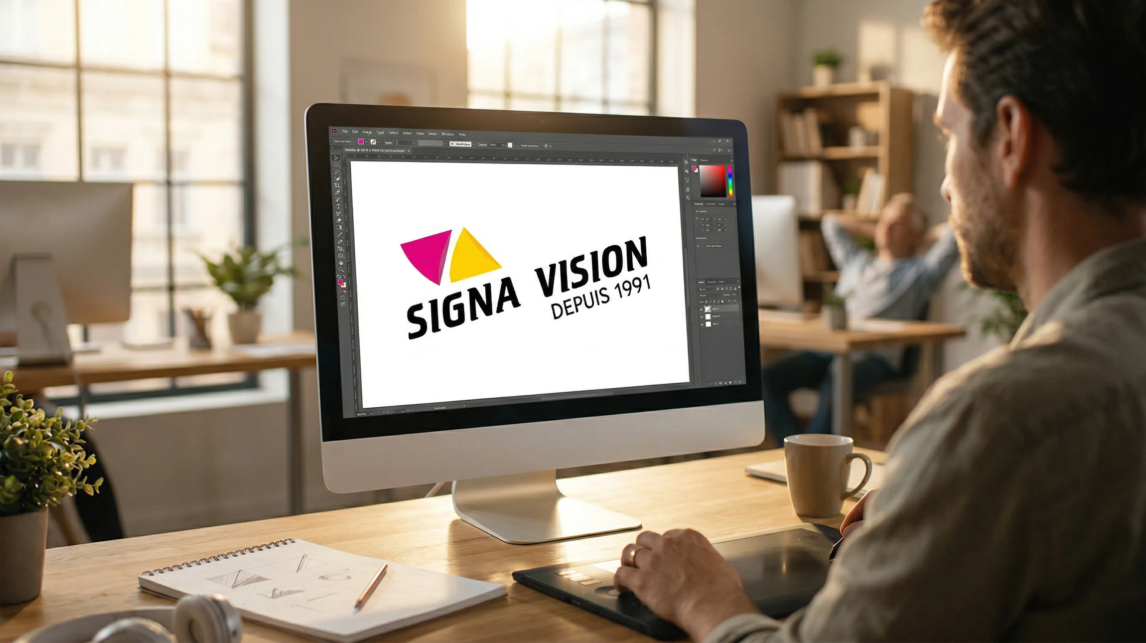 Une femme designer travaille sur un logo dans un bureau moderne et lumineux